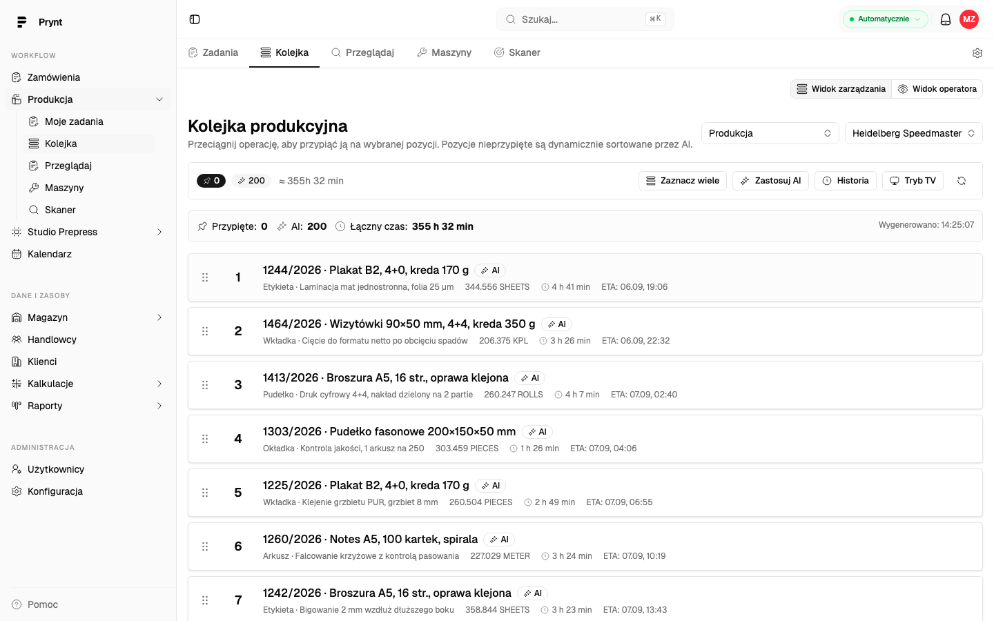 Kolejka produkcyjna w widoku zarządzania