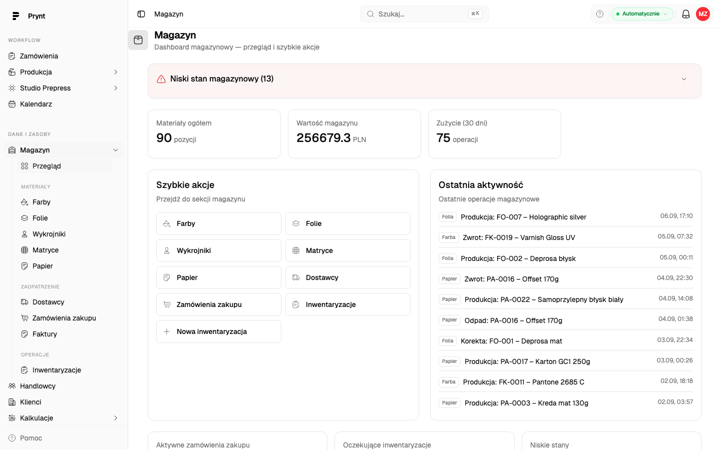 Dashboard magazynu