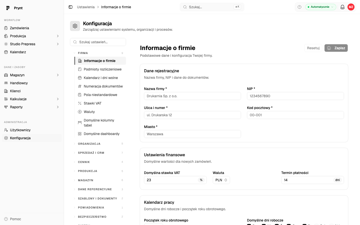 Konfiguracja: Informacje o firmie
